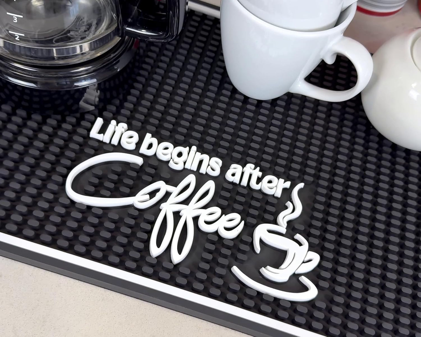 Life Begins After Coffee Silicone Bar Mat 18x12 in, Funny Mom Gift, Coffee Lover Gift for Women and Men, Non-Slip Espresso Machine Mat, Coffee Bar Station Decor, Hostess Gift