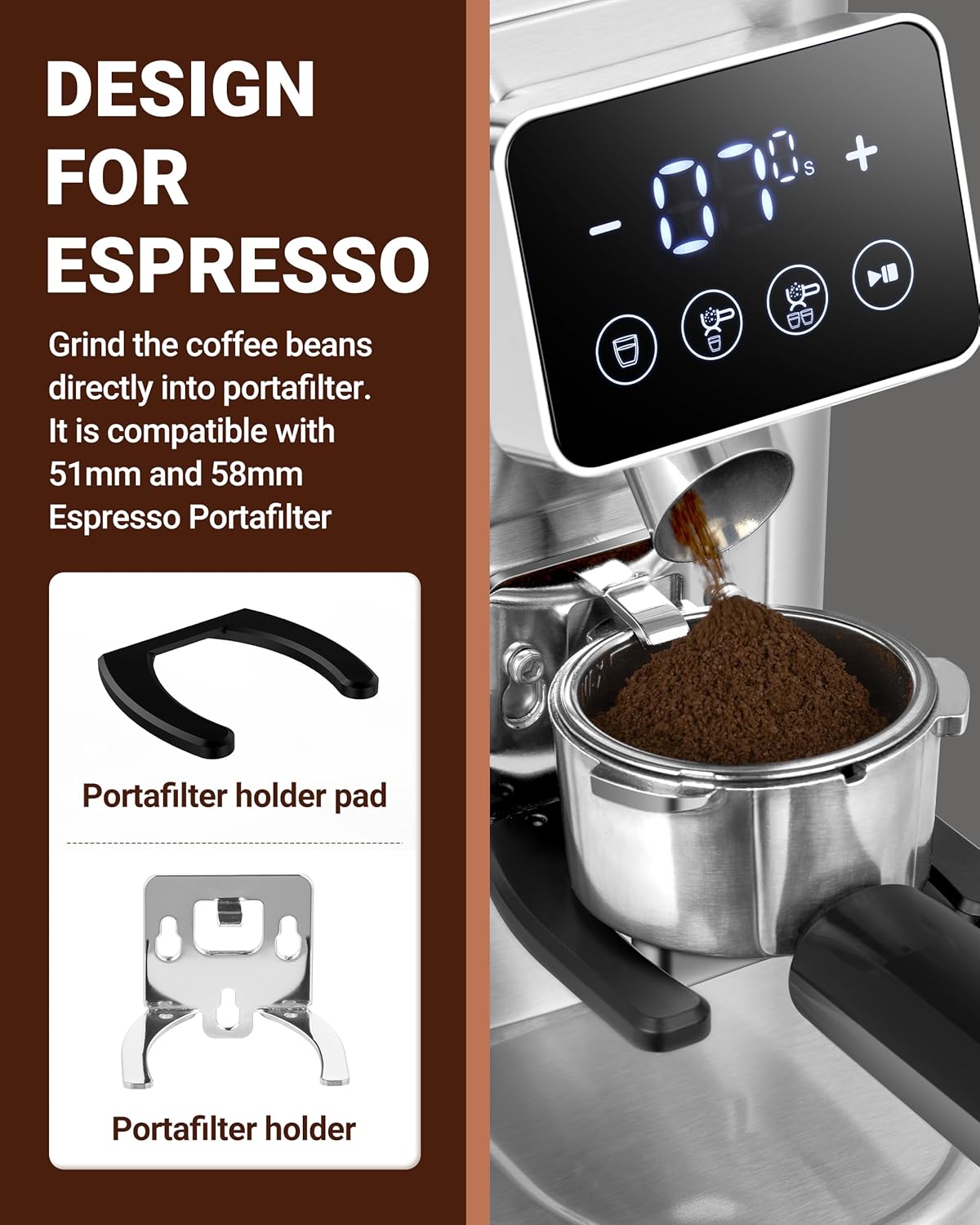 AMZCHEF Burr Coffee Grinder, 48 Settings, Less Static Mess, Metallic Silver | 40mm Burr, Low Retention, 0.5s LED Timer, Stainless Steel Body, Fit 51-54/58 Espresso Portafilter, Cleaning Brush Included