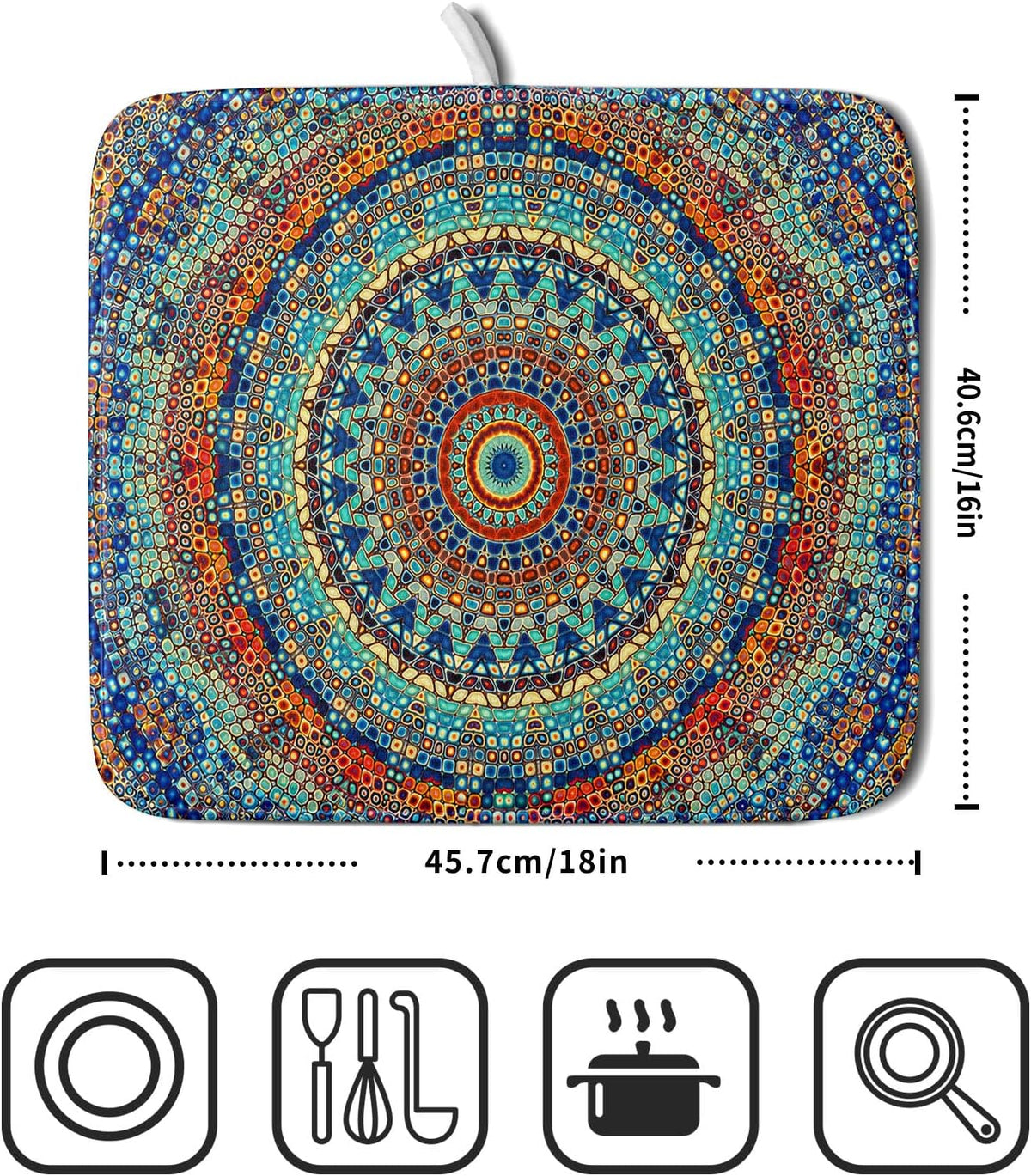 Bohemian Mandala Dish Drying Mat for Kitchen Counter Boho Ethnic Drying Mat 16 x 18 Inch with High Absorbent Reversible