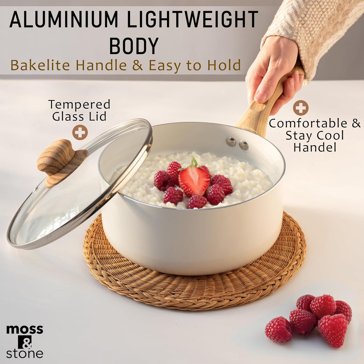 Moss & Stone 6 Pcs White Nonstick Cookware Set, Pots And Pans Set Non stick With Glass Lid, Induction Cookware, Stay-Cool Handle PTFE/PFOA Kitchen Pots 6-Piece with Frying Pans & Saucepan