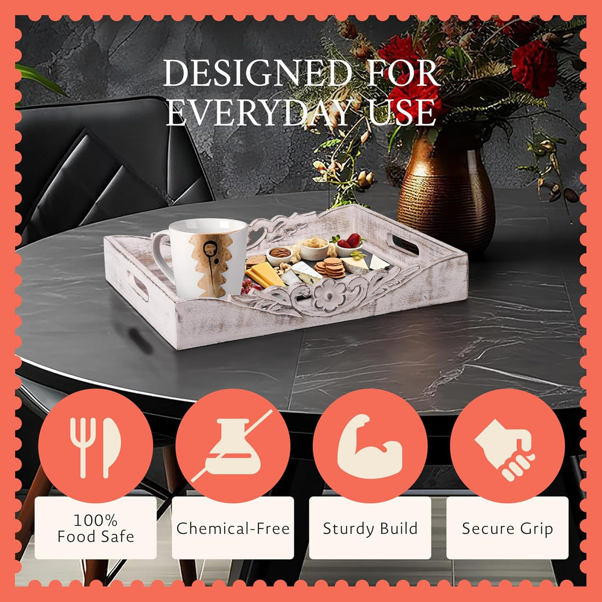 Mela Artisans Orchid Mango Wood Serving Tray - Distressed White, 16x12 in | Ottoman serving tray layout with handles, large handcrafted wooden board excellent for hot coffee, snacks and home décor.