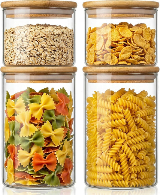 32 oz &amp; 21 oz Round Glass Food Storage Containers with Bamboo Lids, 4 Pack