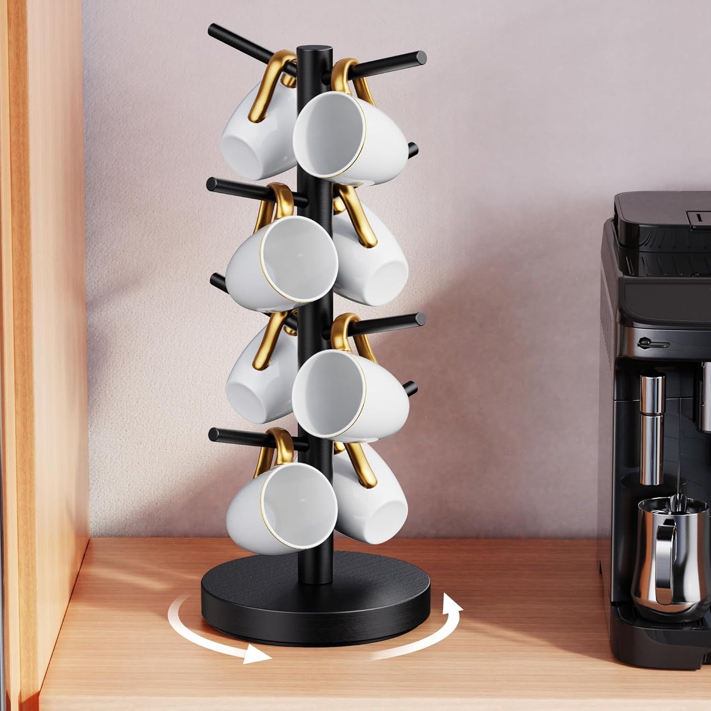 Coffee Mug Holder Tree, Upgraded 360° Rotated Coffee Cup Holder for Counter, Wood Coffee Mug Tree, Coffee Mug Rack with 8