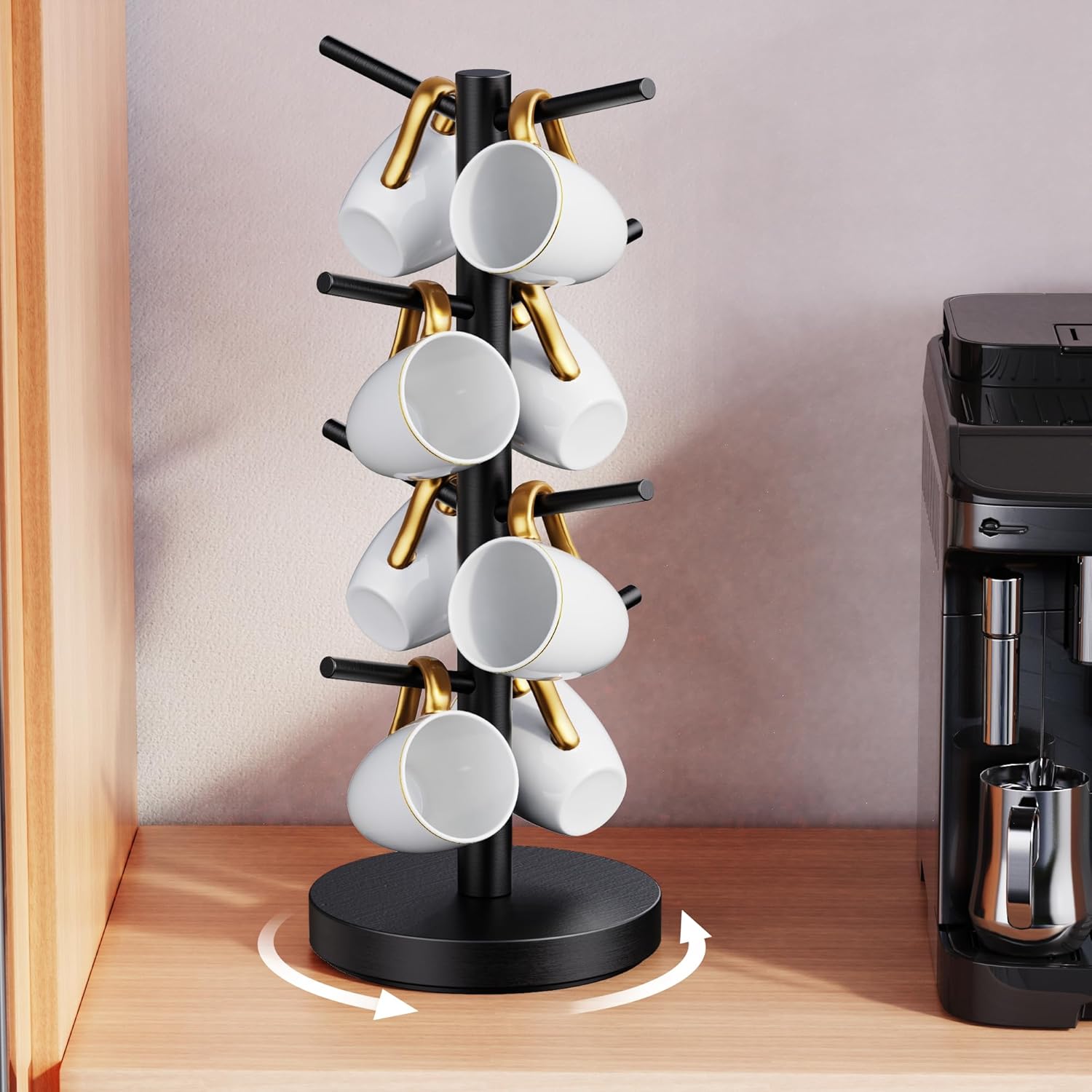 Coffee Mug Holder Tree, Upgraded 360° Rotated Coffee Cup Holder for Counter, Wood Coffee Mug Tree, Coffee Mug Rack with 8