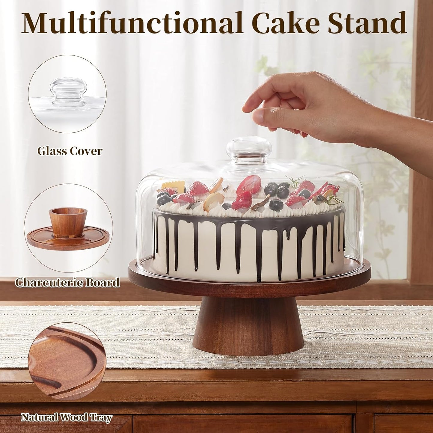VIVIRBIEN Wooden Cake Stand with Lid: 11in Stand w/Magnetic Pedestal | Durable Glass Dome-Solid Acacia Holder-Multi-use for Dessert/Cupcake-Ideal for Kitchen/Birthday/Party/Decor/Charcuterie
