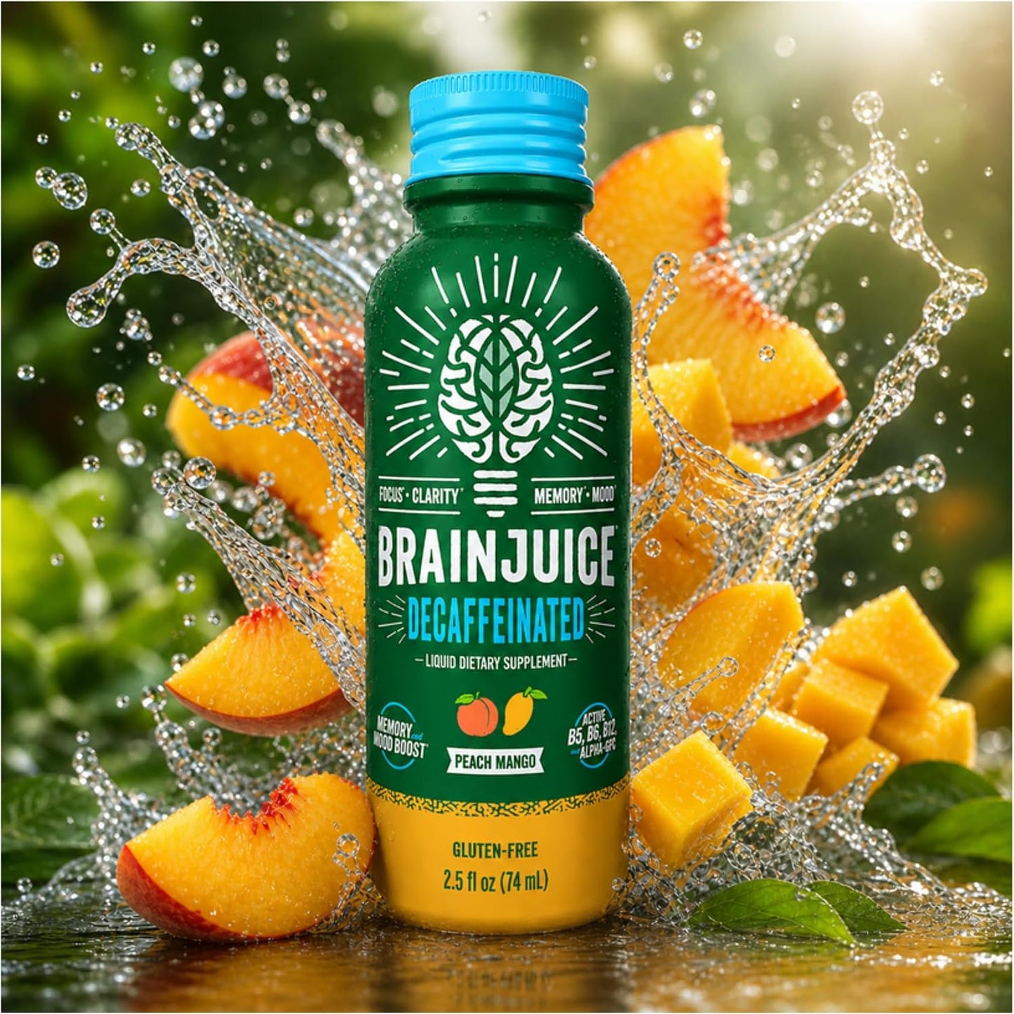 BrainJuice Decaf Peach Mango Nootropic Supplement Shot, 2.5 fl oz, 12 Pack