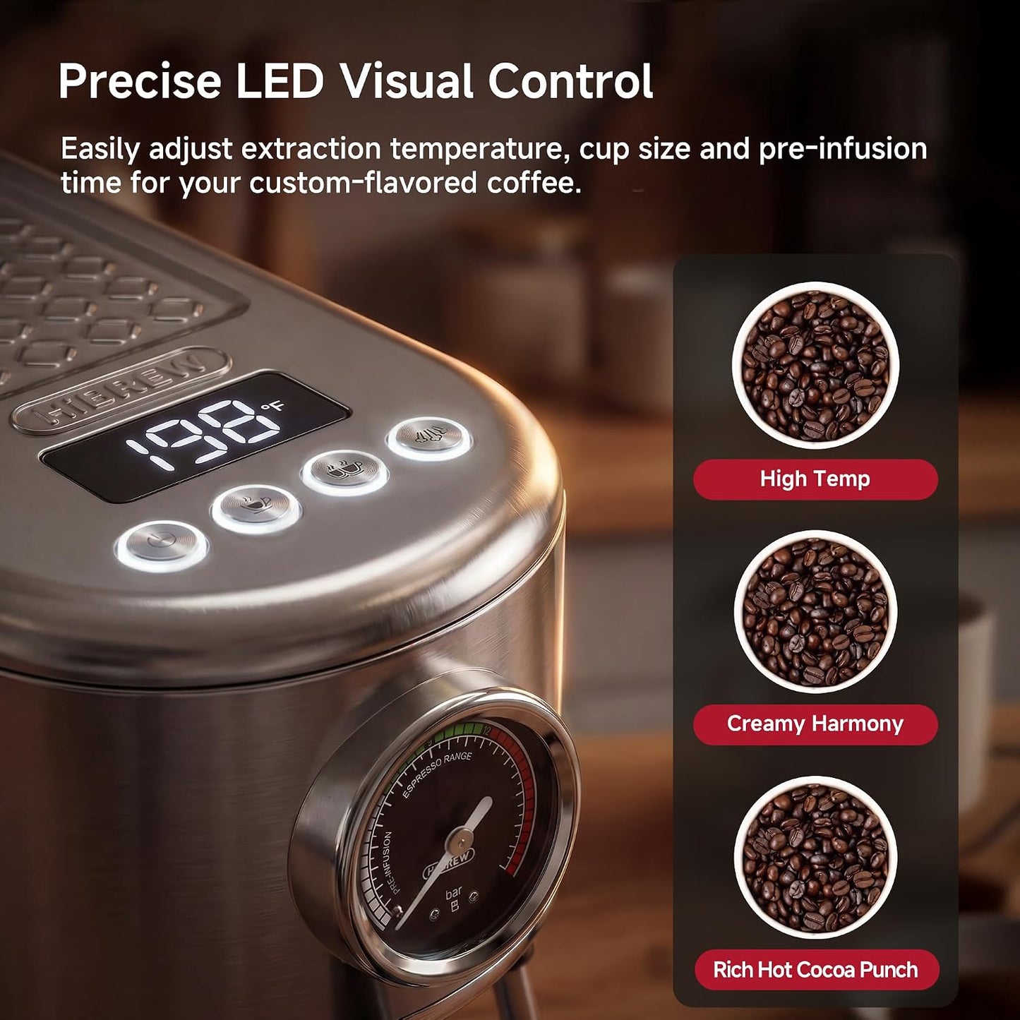 HIBREW H10B Programmable Espresso Machine with LED Display &amp; Pressure Gauge | 20 Bar Compact Stainless Steel Coffee Maker with Milk Frother, 51mm Portafilter for Cappuccino Latte