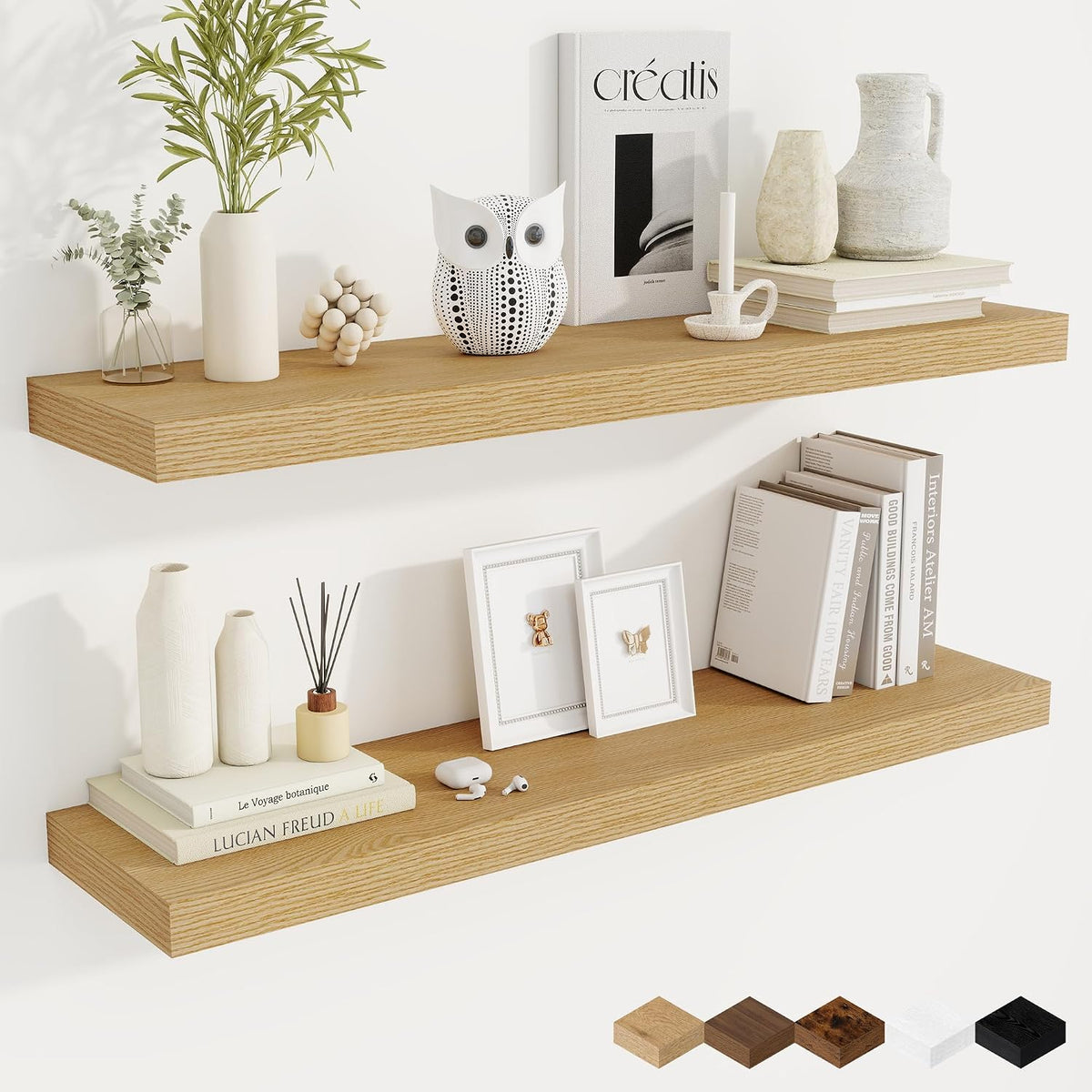 Fun Memories 40 Inch Oak Floating Shelves, 9.3 Inch Deep Wall Shelves for Living Room|Bedroom|Kitchen, Rusitc Wall Mounted Bathroom Shelves 2 Pack, Heavy-Duty Deep Shelf for Books，Decor
