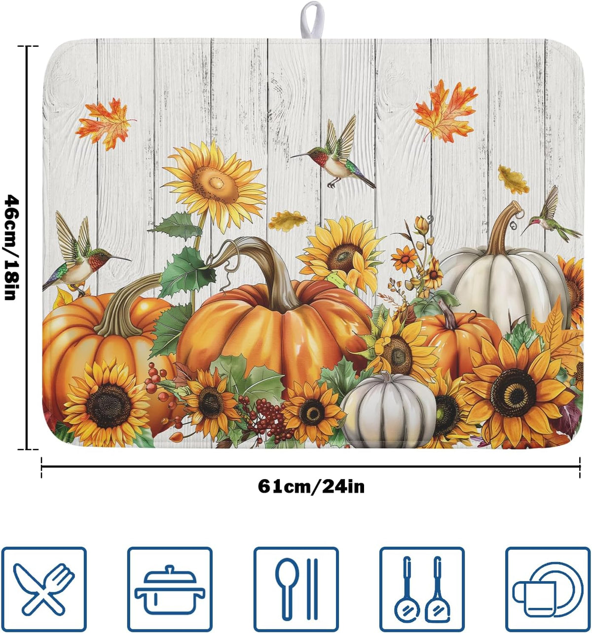Autumn Harvest Pumpkin Dish Drying Mat for Kitchen Counter Sunflower Maple Leaves Fall Dish Drying Mat 18”x24” Thanksgiving