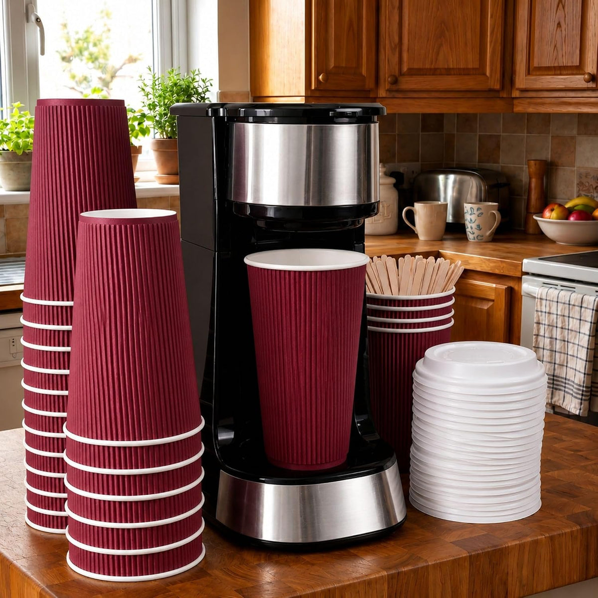 Restaurantware Ripple Wall Coffee Cups 500 Count 16 Ounce Insulated Crimson Paper Cups, Rolled Rim Spill-Resistant Disposable Paper Non-Slip for Coffee, Beverages