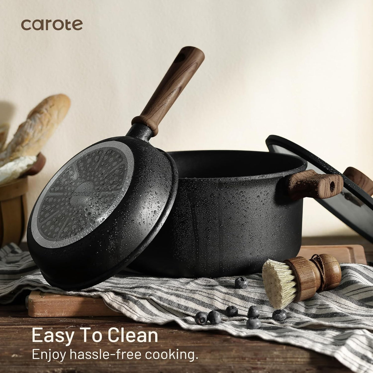CAROTE Nonstick Pots and Pans, Induction Cookware Set Kitchen Cooking Sets, Non Stick w/Frying Pan (PFOS, PFOA Free), Black, 16pcs