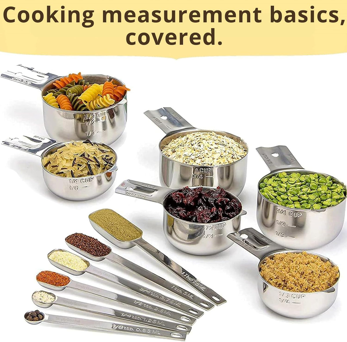 Simply Gourmet Measuring Cups &amp; Spoons Set of 12, 18/08 Stainless Steel Kitchen Gadgets, Stackable Design with Long Handle Spoons, Fits in Spice Jars, Cooking &amp; Baking Set for Dry &amp; Liquid