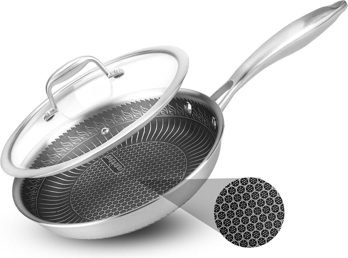 NutriChef 8" Stainless Steel Frying Pan - Triply Kitchenware Stir Fry Pan Kitchen Cookware w/DAKIN Etching Non-Stick Coating, Scratch-resistant Raised-up Honeycomb Fire Textured Pattern - NC3PL8