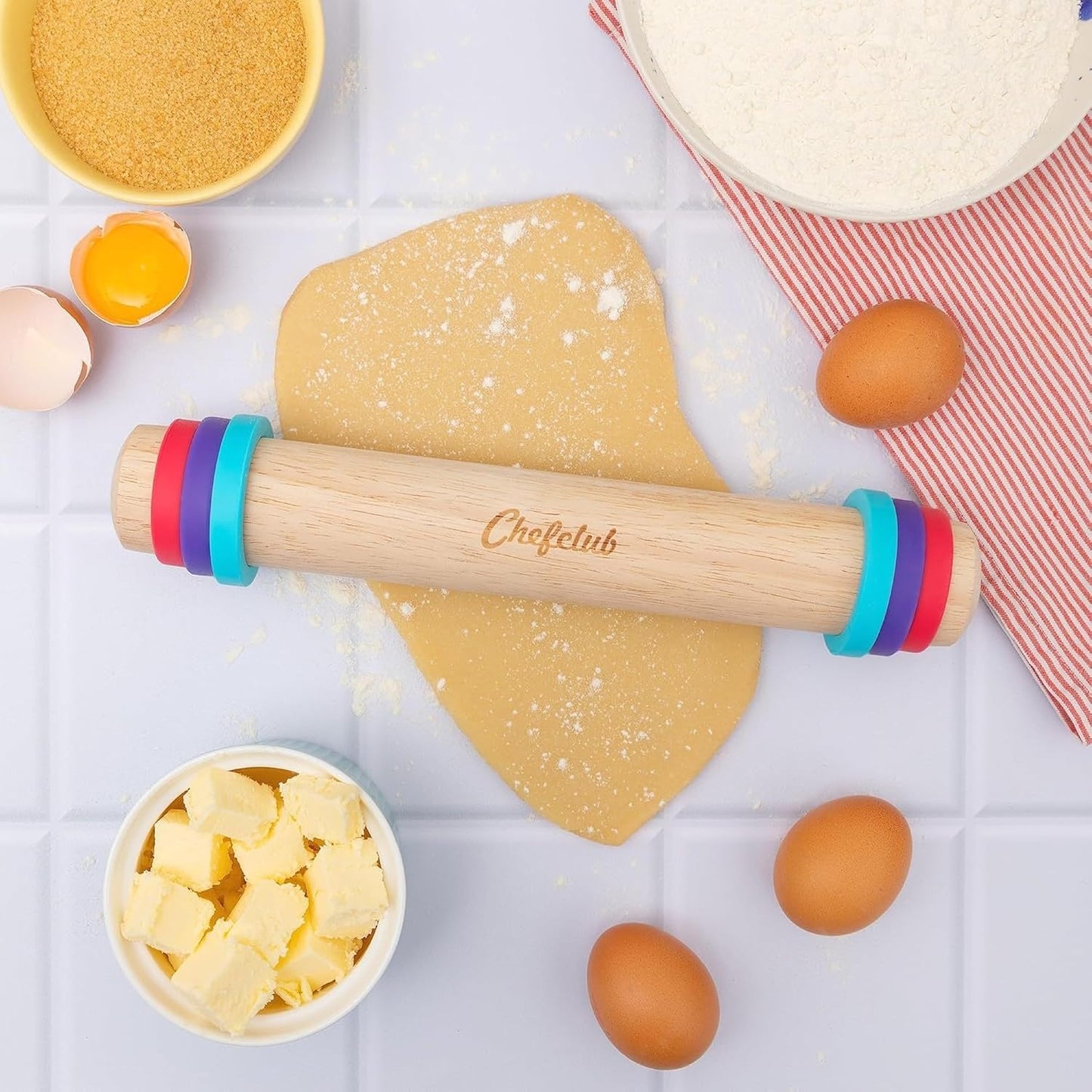 Chefclub Kids Adjustable Wooden Rolling Pin - 3 Removable Silicone Rings - Perfect for Baking &amp; Pastry, Pizza, Pie, Cookie Dough - Precision Baking Tool for Kids | 3 Removable Silicone Rings for 3 Different Dough Thicknesses – 7 mm, 5 mm and 3 mm – Re