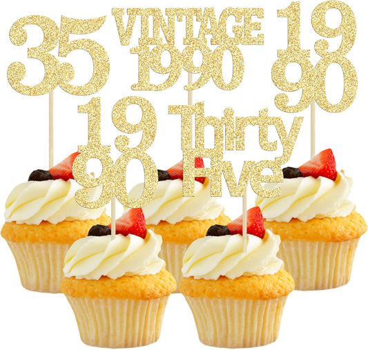Gyufise 24Pcs Happy 35th Birthday Cupcake Toppers Glitter Thirty Five 35 Fabulous Vintage 1990 Cupcake Picks for 30th