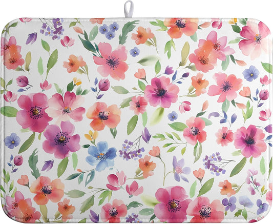 Spring Floral Dish Drying Mat Flowers Summer Kitchen Mat Dish Drying Pad Absorbent Dish Dryer Mat for Kitchen Countertops