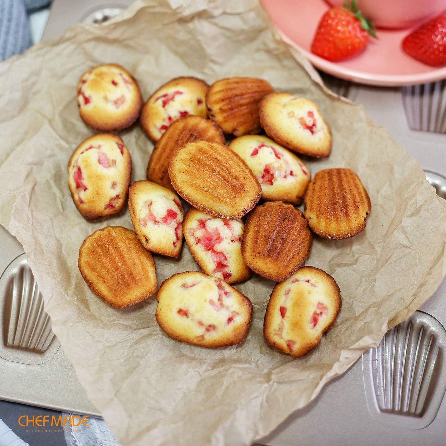 CHEFMADE Mini Madeleine Mold Cake Pan, 16-Cavity Non-Stick Tiny Oval Shell Madeline Bakeware for Oven Baking (Champagne Gold)