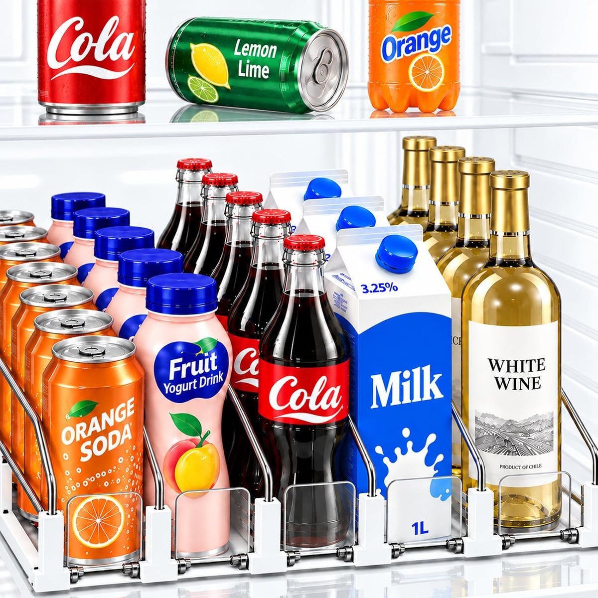 Drink Organizer for Fridge, 5 Row Automatic Pusher Glide, Adjustable Width Soda Can Dispenser for Refrigerator-Holds up to 25 Cans