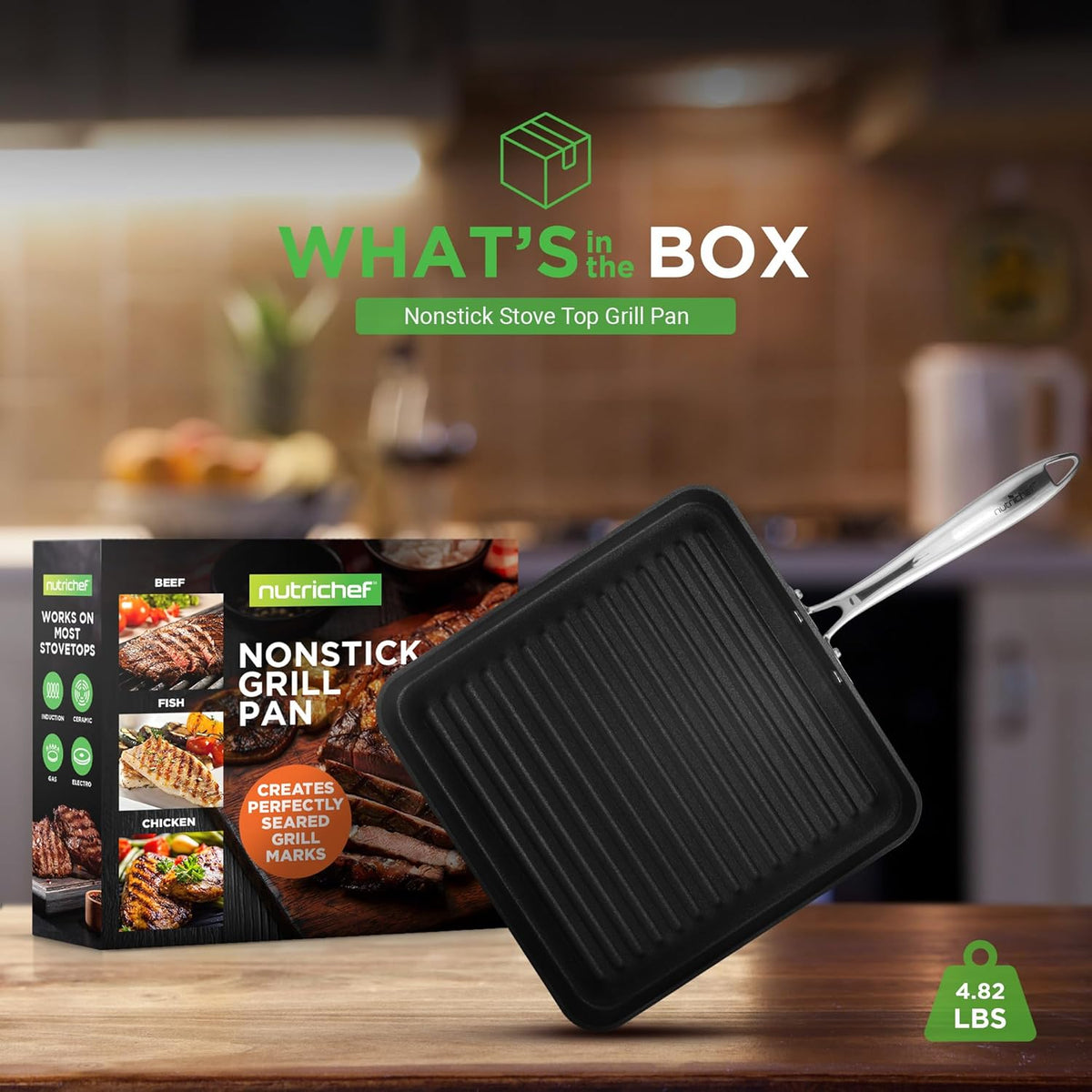 NutriChef Anodized Non-Stick Grill - Dishwasher Safe Nonstick Grill Pan Heavy Gauge Aluminum Body with Hard Anodized Surface for Even Heating, Max Temperature: 500° Fahrenheit (260° Celsius)