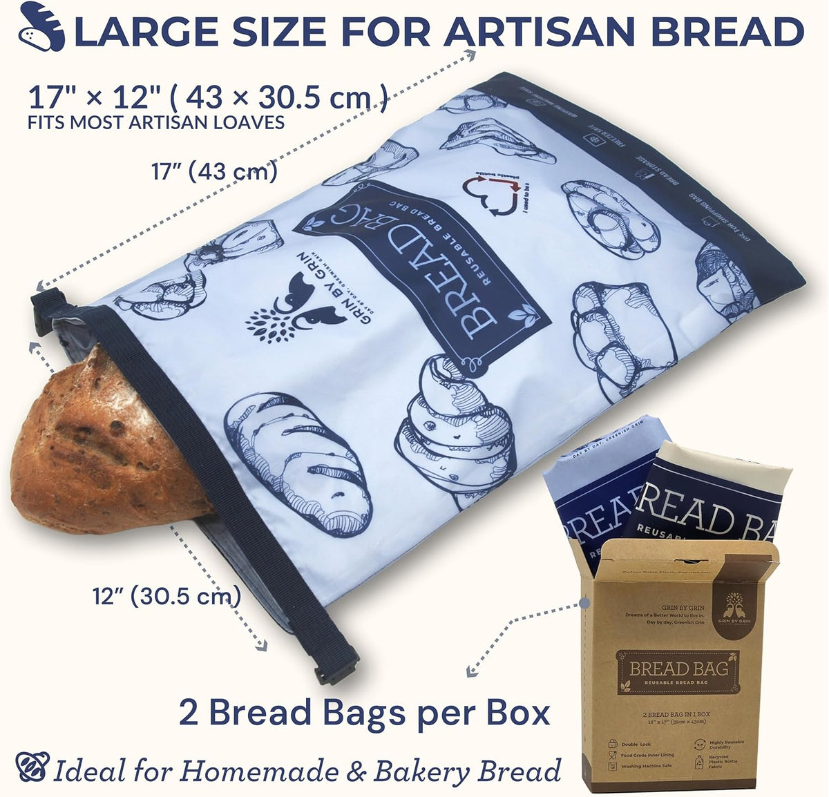 GRIN BY GRIN- 2 Packs Bread Bags, Zipper Reusable Bread Bags for Homemade Loaf, Freezer Sourdough Container, Fresh Keeping Extra Large, Reusable Food Storage Bag