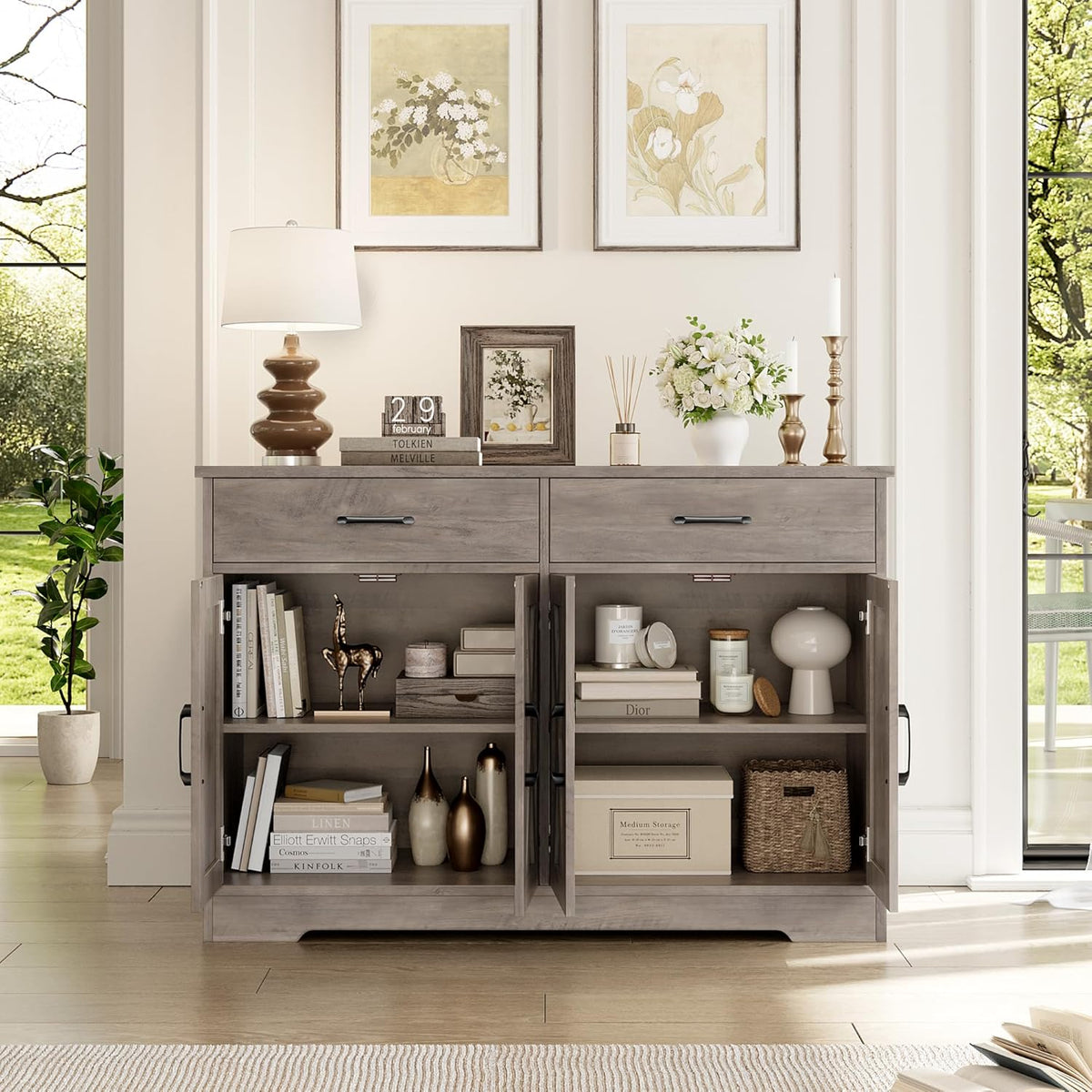 HOSTACK 47" W Kitchen Sideboard Buffet Cabinet with Storage Drawers, Grey