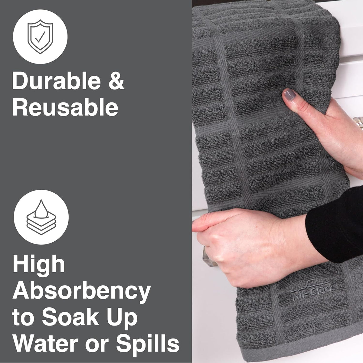 All-Clad Solid Kitchen Towels: Highly Absorbent, Super Soft Long Lasting - 100% Cotton, 17"x30" Tea Towels for Cleaning & Drying Dishes, Pans, Glassware, or Countertops, (2-Pack), Pewter