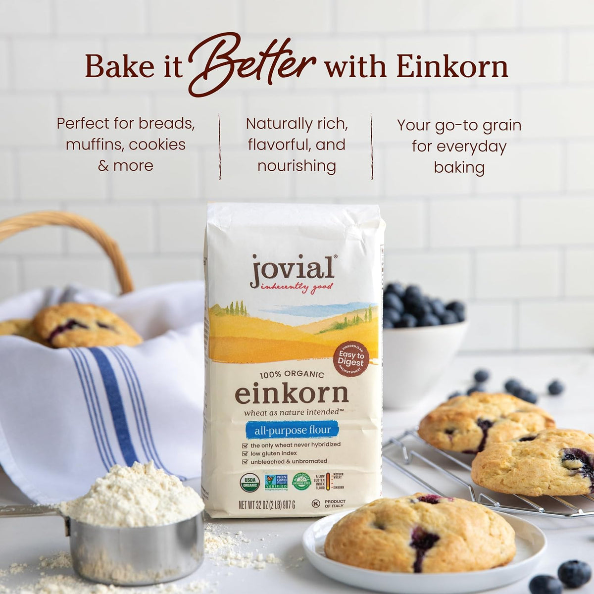 Jovial Organic Einkorn Whole Wheat &amp; Unbleached All Purpose, 32 Oz, 2 Pack