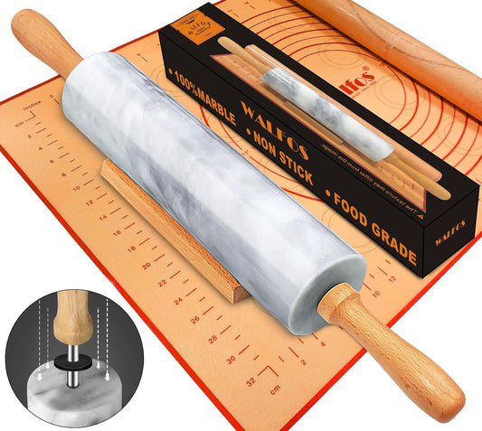 Walfos Marble Rolling Pin Set With Non Stick Silicone Pastry Mat, 16.5 Inch Dough Rolling Pins For Making Pizza, Tortillas