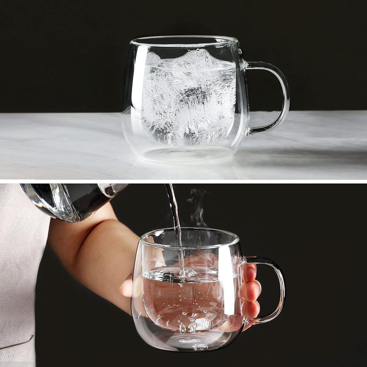 CNGLASS 10oz Double Walled Glass Coffee Mugs(4-pack),Clear Coffee Cups with Handle,Glass Espresso Mugs for Latte,Cappuccino,Tea