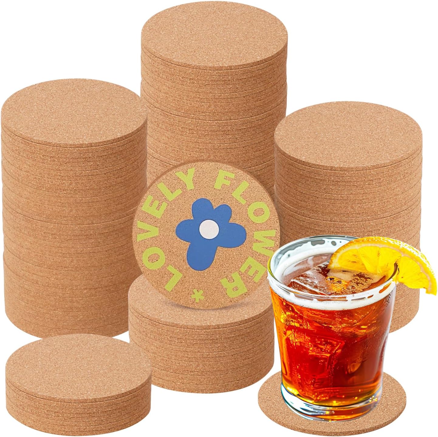 150 Pieces 3.6 Inch Cork Coasters for Drinks, 90 mm Round Cork Coasters, Non-Slip, Heat-Resistant, A