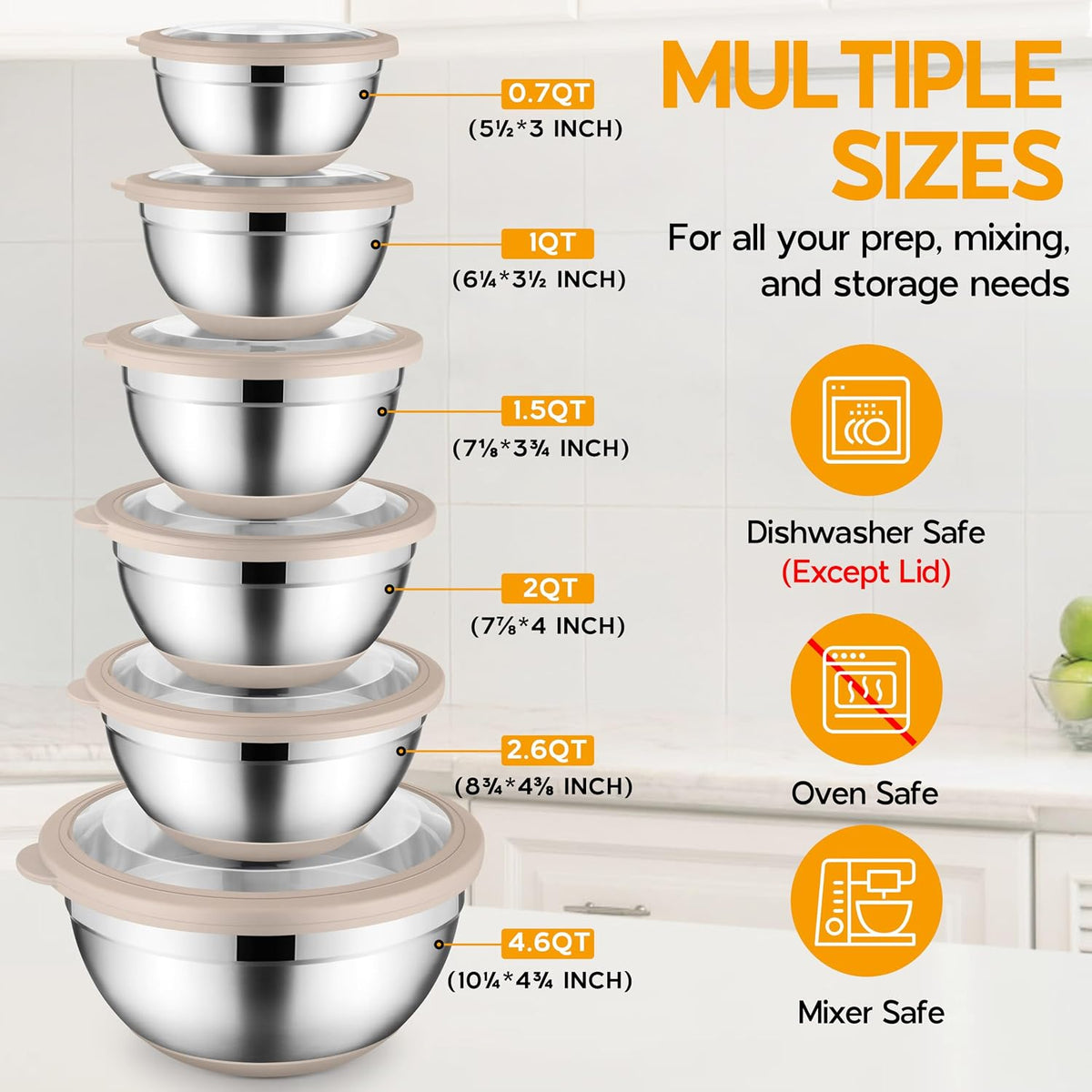Onader Mixing Bowls with Lids Set of 6, Large Metal Nesting Mixing Bowls, Stainless Steel Non-Slip Salad Bowl Khaki – Size 0.7, 1, 1.5, 2, 2.6, 4.6QT
