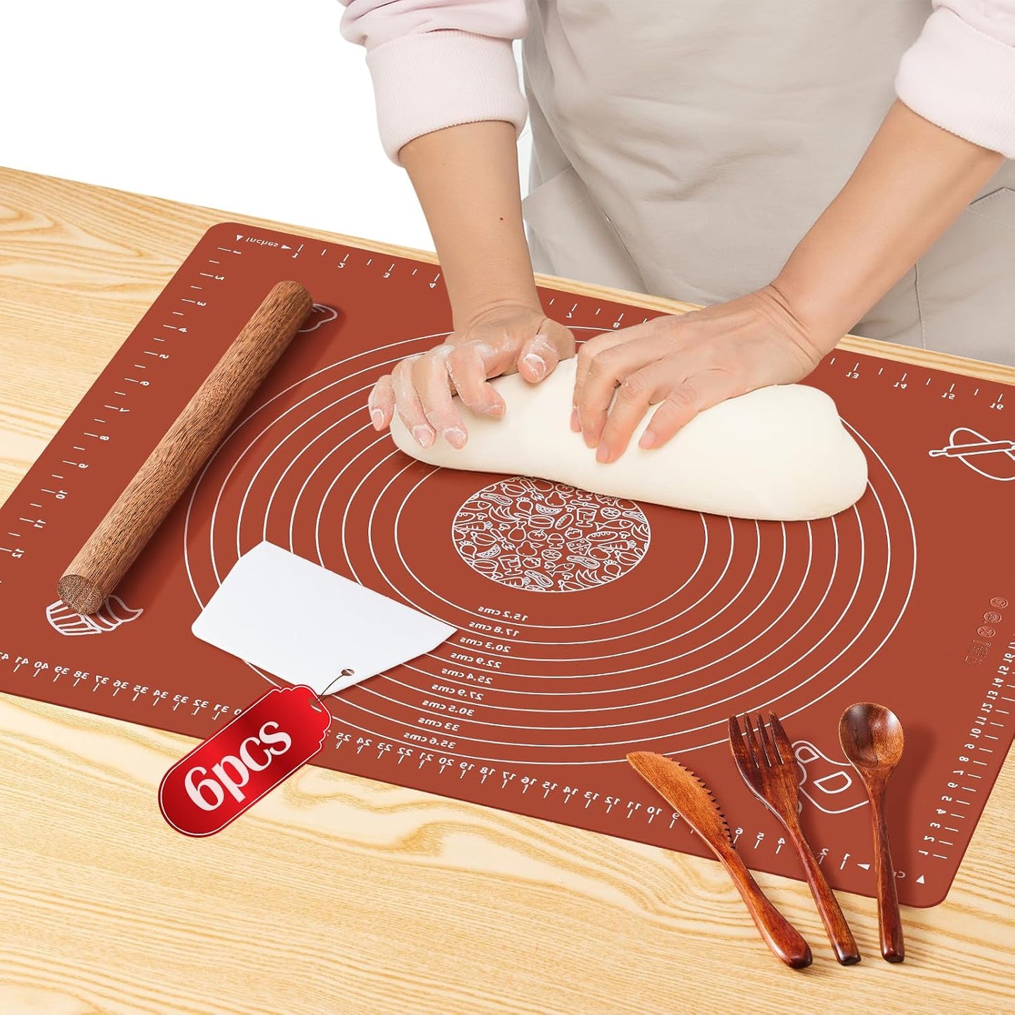 6PCS Silicone Baking Mat Set, Pastry Mat with Measurements Wooden Rolling Pin/Knife/Fork/Spoon/Scraper, Pasta Cutter,Non-slip Silicone Mat, Non-Stick Dough Mat for Counter,Kneading Mat Set,28''*20''