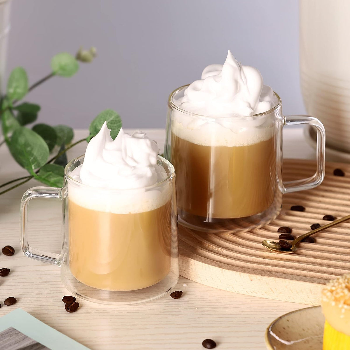 CNGLASS 12oz Glass Coffee Mugs,Double Wall Insulated Glass Cups with Handle,Clear Espresso Mugs for Latte,Cappuccino,Tea Bag,Set of 2