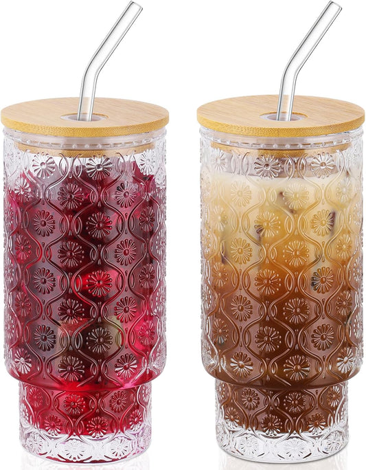 16 Oz Glass Cups Set of 2, Vintage Embossed Floral Glass Tumbler, Iced Coffee Cups with Lid, for Whiskey Cocktail Beer (2