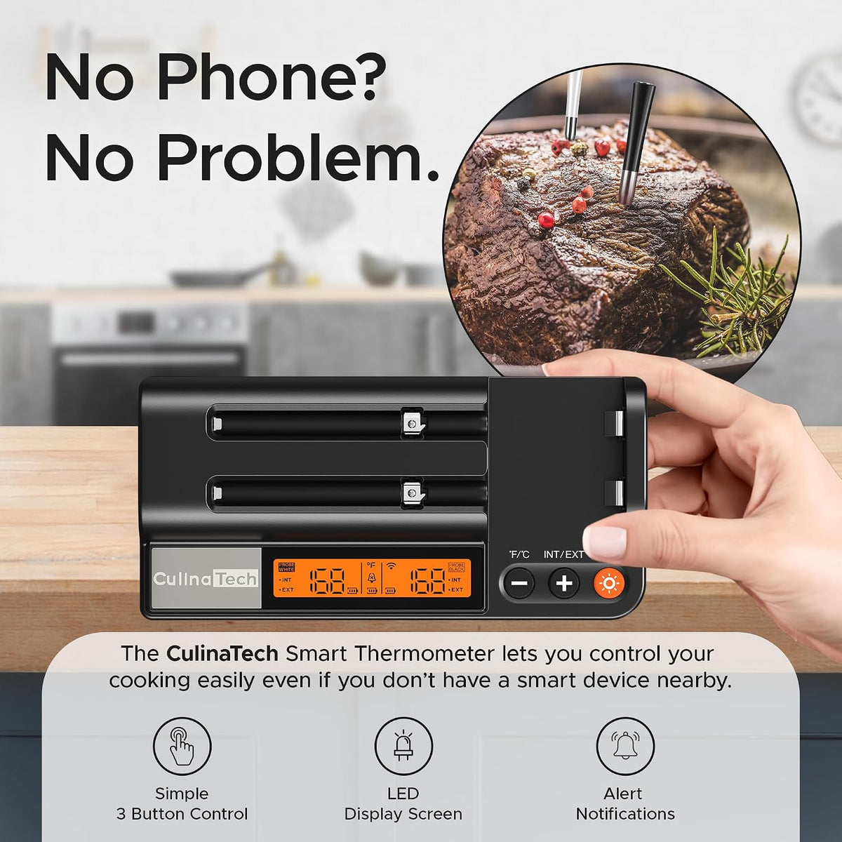 750ft Wireless Meat Thermometer Long Range for Smoker, BBQ &amp; Rotisserie, 2 Probes Smart Bluetooth Thermometer Dual Sensor Waterproof Probe with LCD Base Station Display &amp; App Control