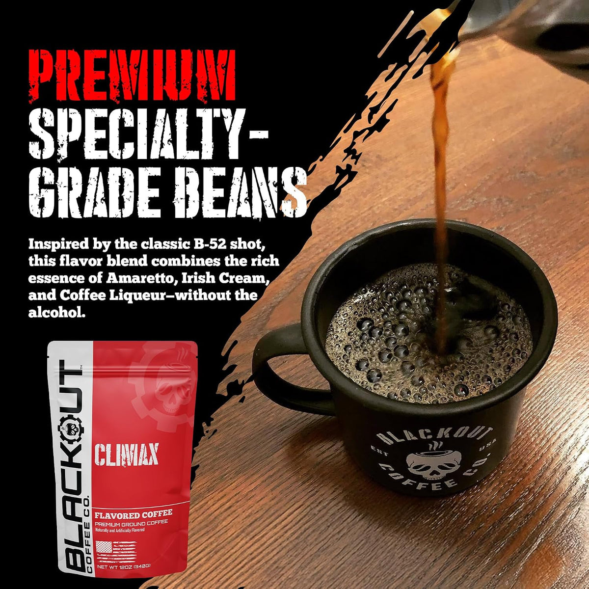 Blackout Coffee Climax Amaretto, Irish Cream &amp; Kahlua Flavored Ground Coffee – Medium Roast, Smooth Taste, Guilt-Free Indulgence – Freshly Roasted 12oz Bag.