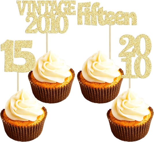 Gyufise 24Pcs Sweet 15 Cupcake Toppers Glitter Fifteen Vintage 2010 15th Birthday Cupcake Picks Hello 15 Years Birthday Cake
