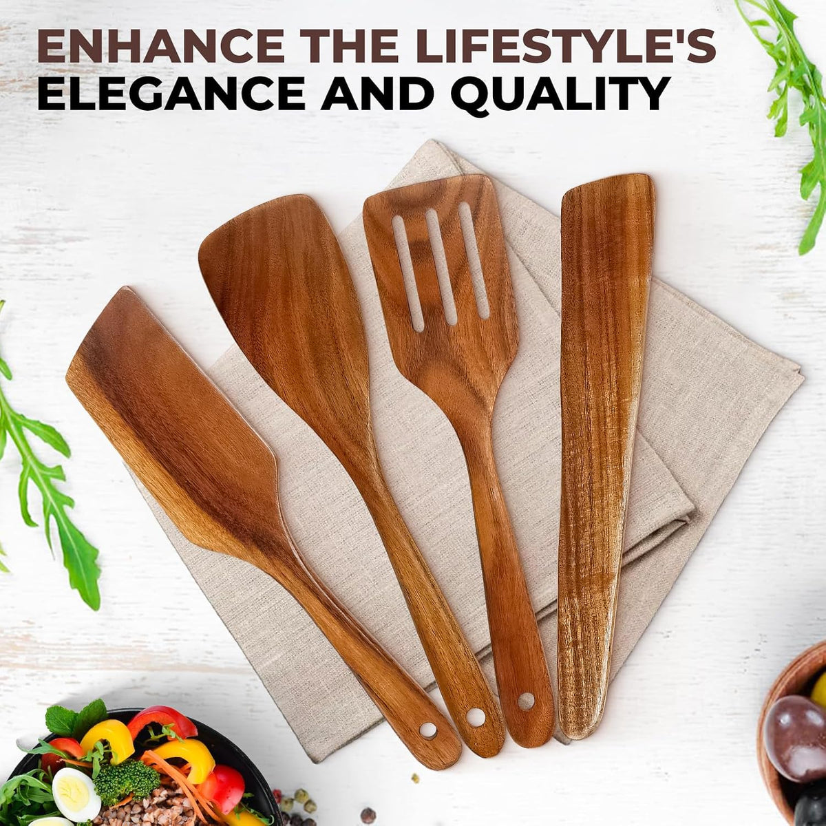 AIUHI Premium Teak Wood Spatula Set, 4-Piece Non-Stick Cooking Utensils for Kitchen, Includes Paddle, Turner, Slotted Spatula &amp; Wood Scraper – Durable &amp; Easy to Clean