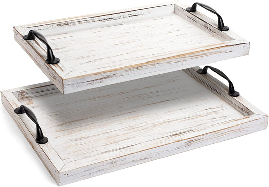 Rustic Serving Tray with Handles - 2 Nesting Trays for Serving Food - Wooden Tray for Decor, Coffee Table & Ottoman - Large