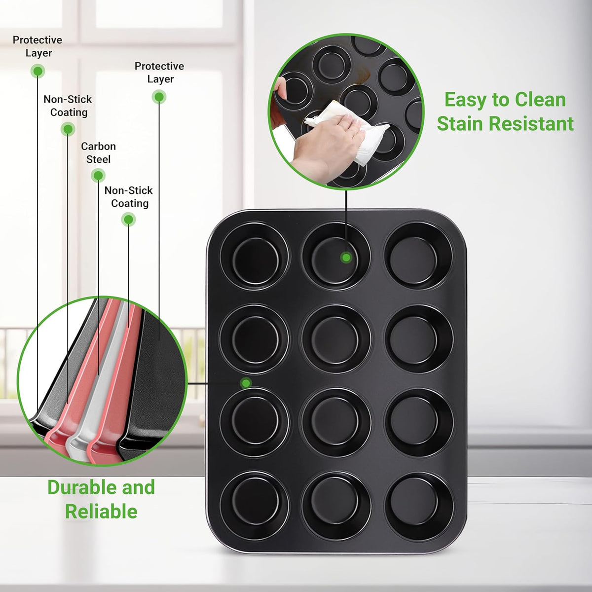 NutriChef 12-cup Black Oven Muffin Pan, Non-Stick Coated Layer Surface, Even Heating Muffin Tray for Muffins, Cupcakes, Pastries & Mini Pies, Used for Model Number NCBK6BK