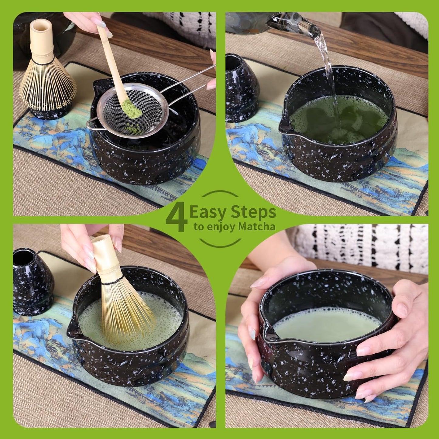 Japanese Matcha Whisk Set - 7-Piece Kit Bamboo Chasen, Ceramic Bowl with Spout, Stainless Steel Sifter & Holder Black