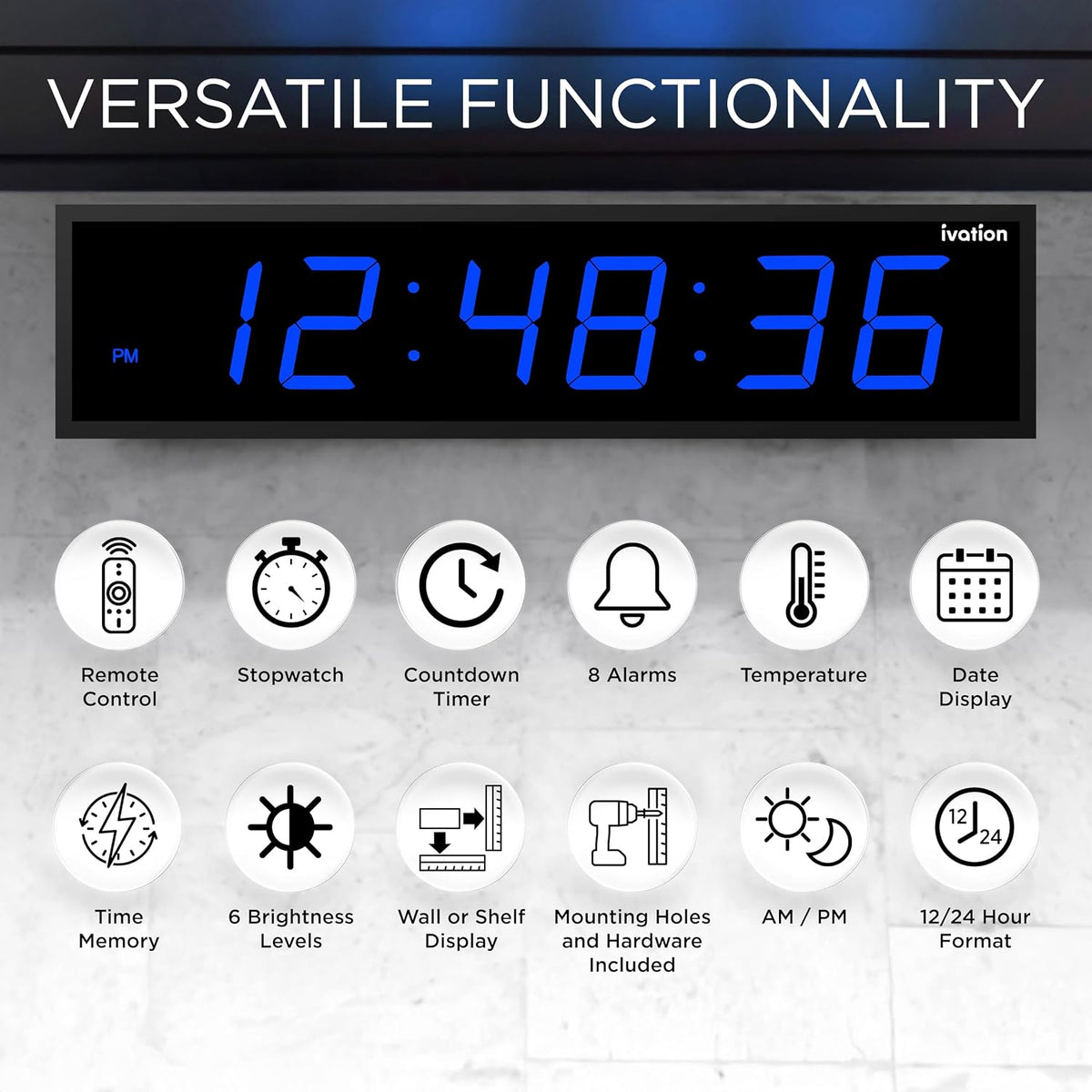 Ivation Oversized Digital Wall Clock with Large LED Display &amp; Timer, 36"