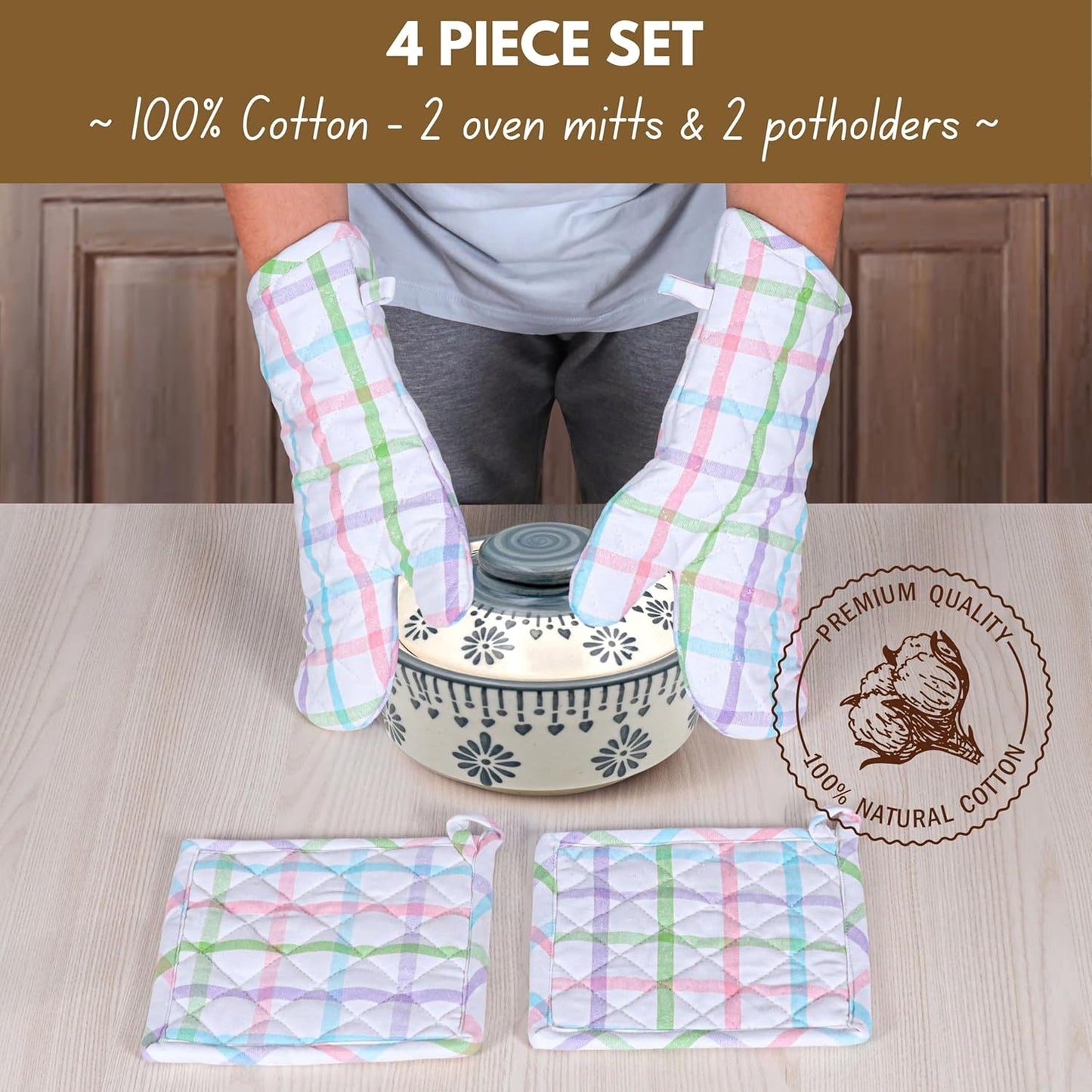 Native Fab 4 Piece Set - 2 Oven Mitts & 2 Potholders, Heat Resistant, 100% Cotton, Quilted Design, Non-Slip Grip, Ideal for