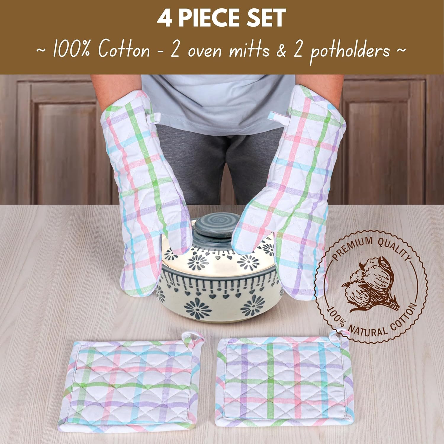 Native Fab 4 Piece Set - 2 Oven Mitts & 2 Potholders, Heat Resistant, 100% Cotton, Quilted Design, Non-Slip Grip, Ideal for