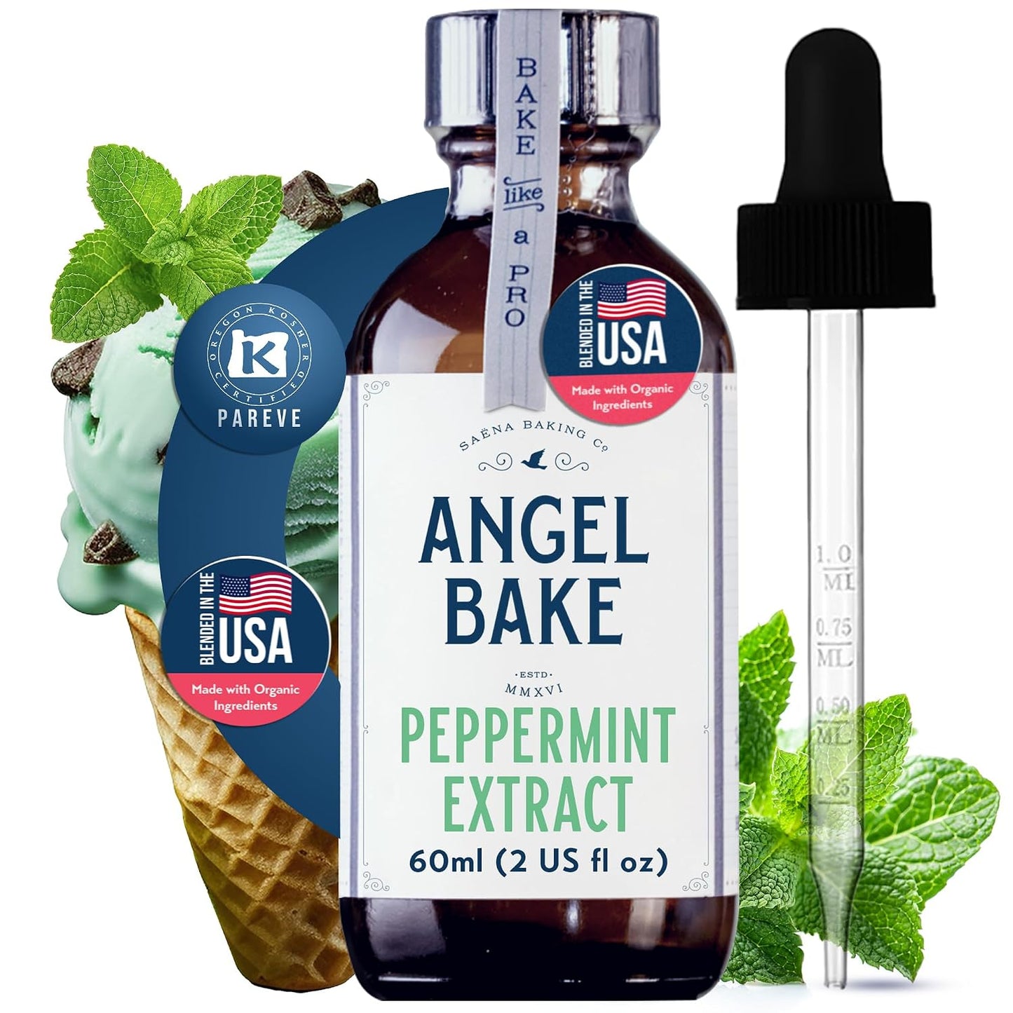 Angel Bake Pure Peppermint Extract, 2 oz | Water soluble, food safe culinary flavoring for baking, coffee, cocktails, candy and cocoa; vegan, gluten free