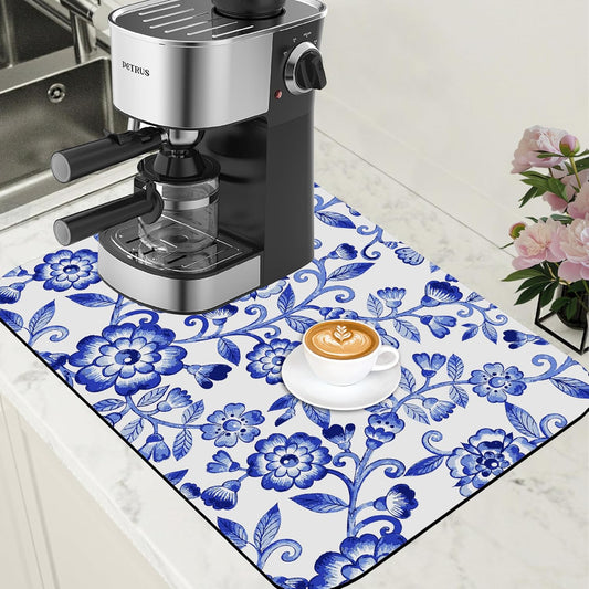 Dish Drying Mat Watercolor Blue Flowers Coffee Bar Mat for Countertop - Absorbent, Rubber Backed, Hide Stain Dish Drainer