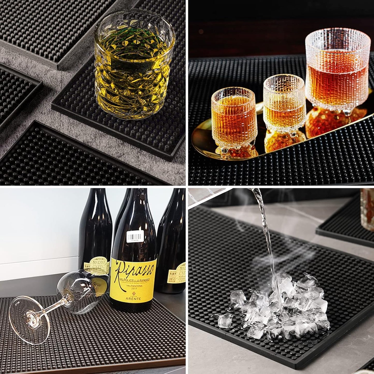 Bar Mats 2PCS 6" x 12" Small Black, Countertop Coffee Mat for Home Bar, Service Spill Mat for Cocktail Bartender Kitchen, PVC Counter Top Cup Glasses Dish Drying Mat, 2Pac(Black)