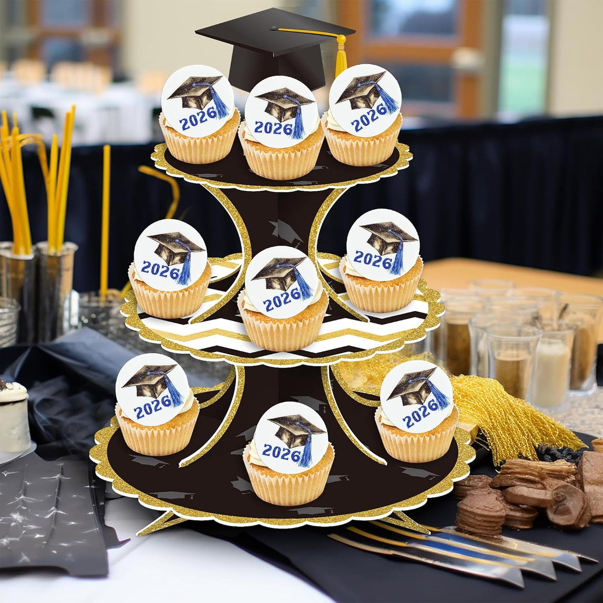 Gyufise 48Pcs Edible 2026 Graduation Cap Cupcake Toppers Wafer Paper Class of 2026 Grad Cap Cupcake Picks for 2026 Graduation Theme Party Cake Decorations Supplies Blue