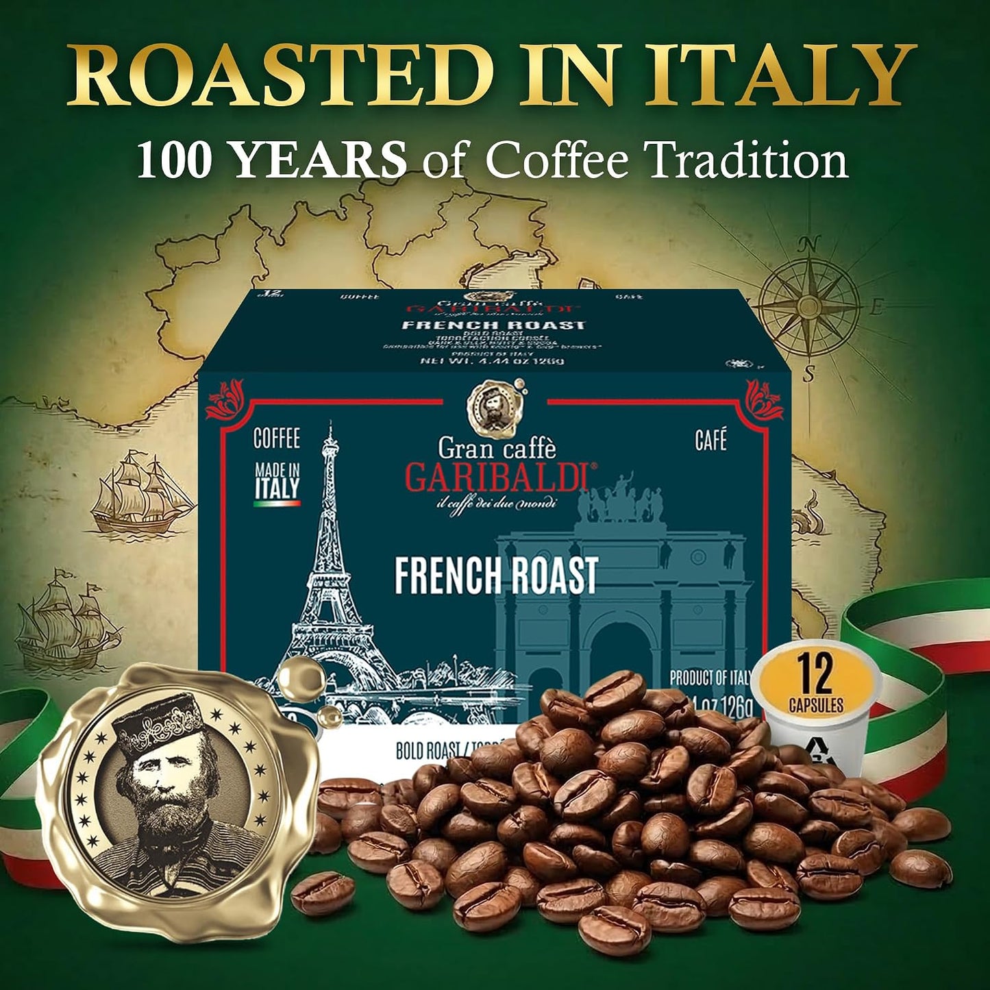 Caffè Garibaldi French Roast Coffee Pods, Dark Roast, 12 Count K Cups | 100% Arabica Dark Roast Coffee Pods Compatible With Keurig K-Cup Brewers, Recyclable Single-Serve Capsules, 12 Count Pack