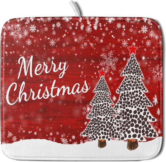 Merry Christmas Tree Red Dish Drying Mat for Kitchen Counter,Winter Snowflake Pine Drying Mat 16 x 18 Inch with Absorbent